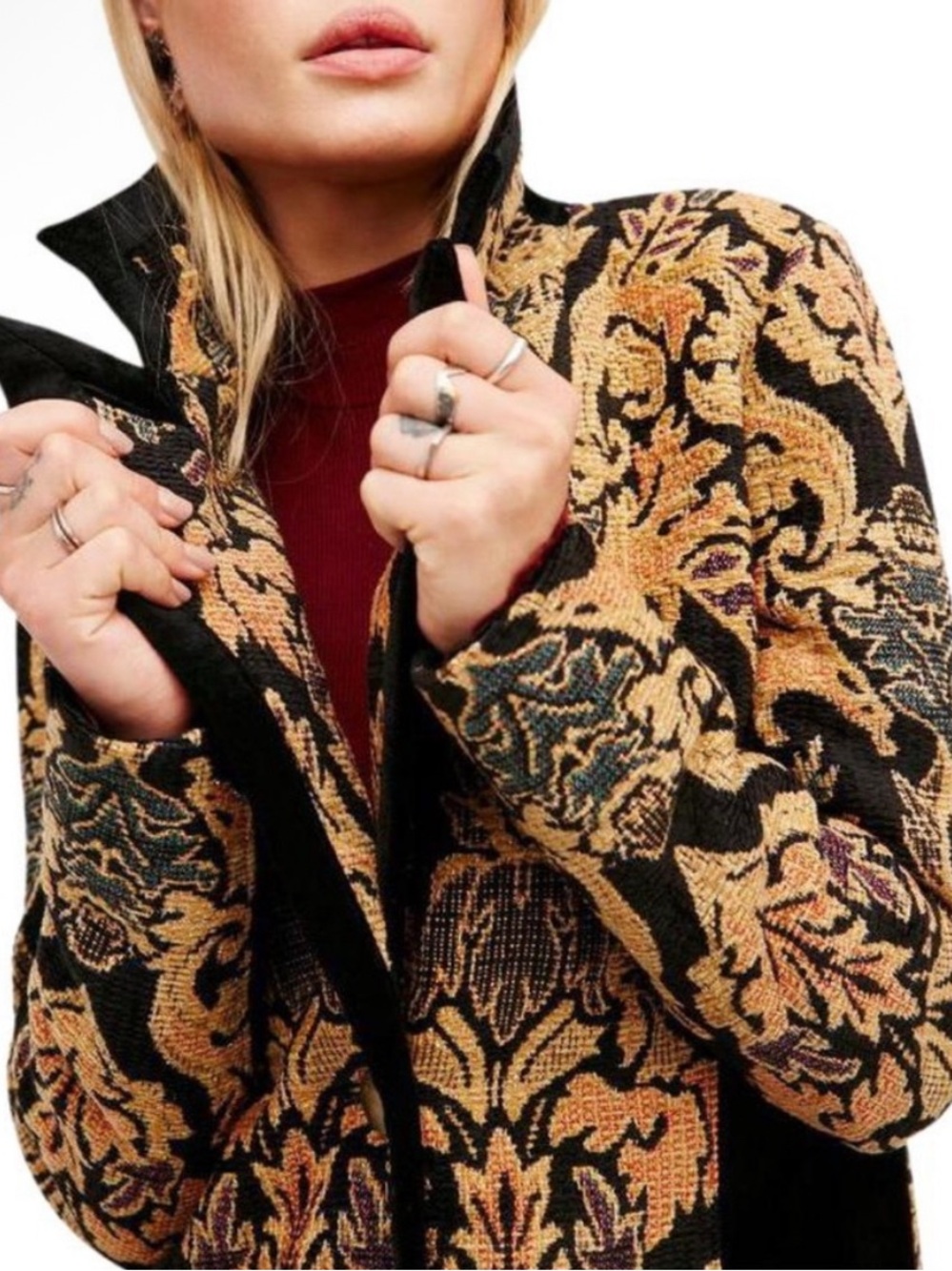 Free People Jacquard Blocked Black and Gold Brocade Women's Coat Size L - Picture 4 of 8